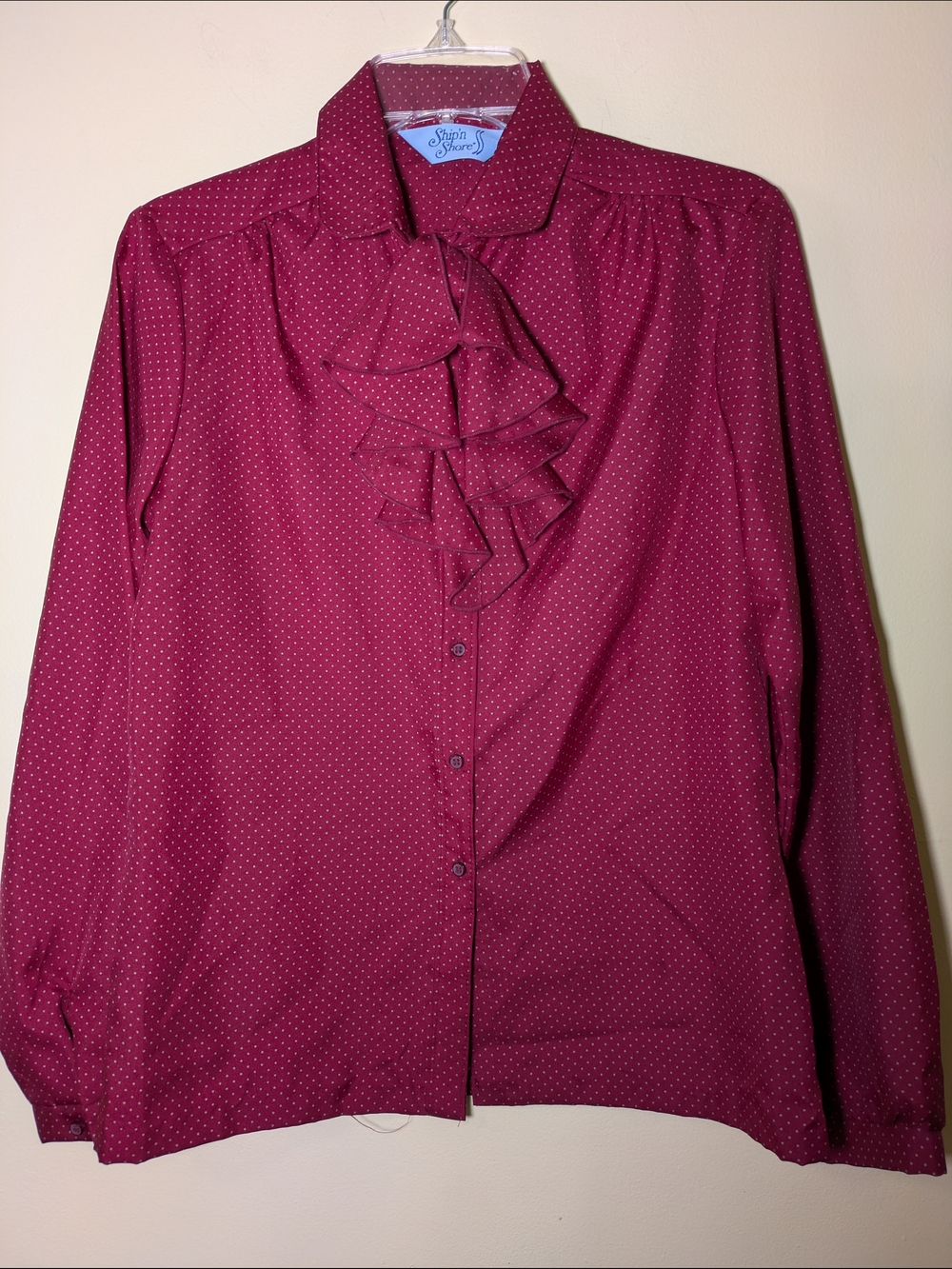 Vintage Ship'n Shore Women's Burgundy Ruffle Front Blouse